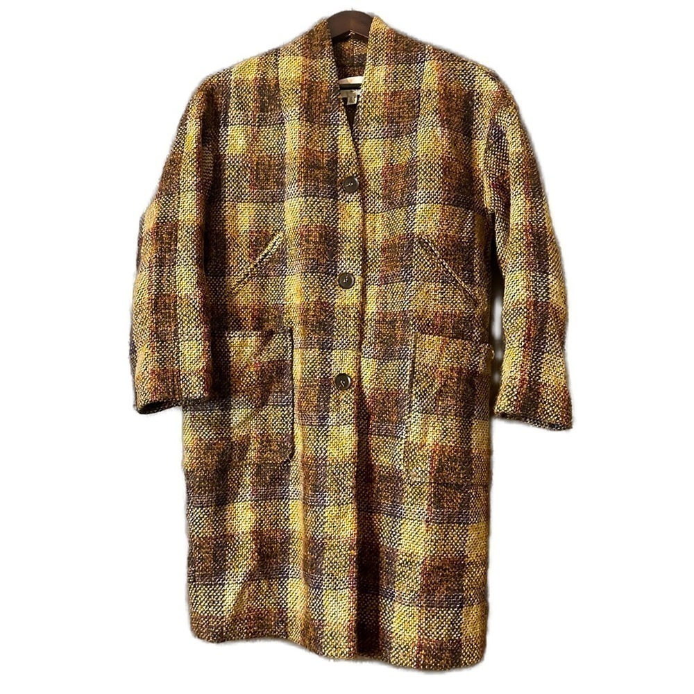 The Korner Brown Tan Oversized Plaid Button-Up Trench Coat Jacket Size Small